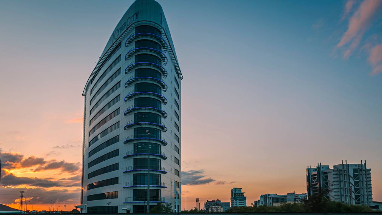 Ebene Cybercity business district, showcasing modern office buildings and corporate hubs in Mauritius