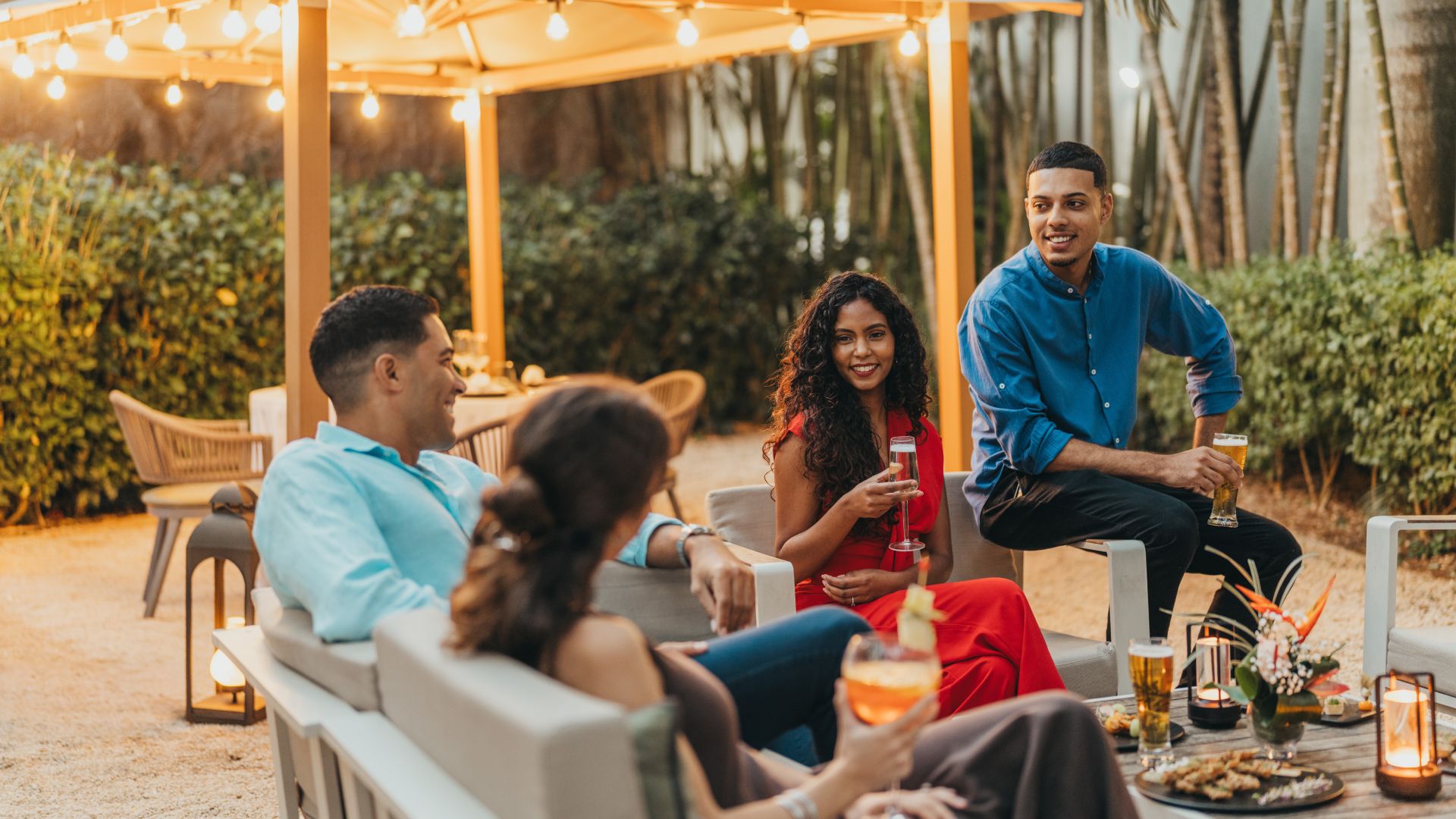 Solo traveler engaging with peers in a hotel setting